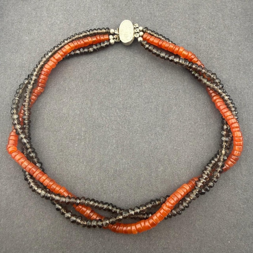 Carnelian Smoky Quartz Necklace Sterling Silver Multi Strand Beaded Southwestern